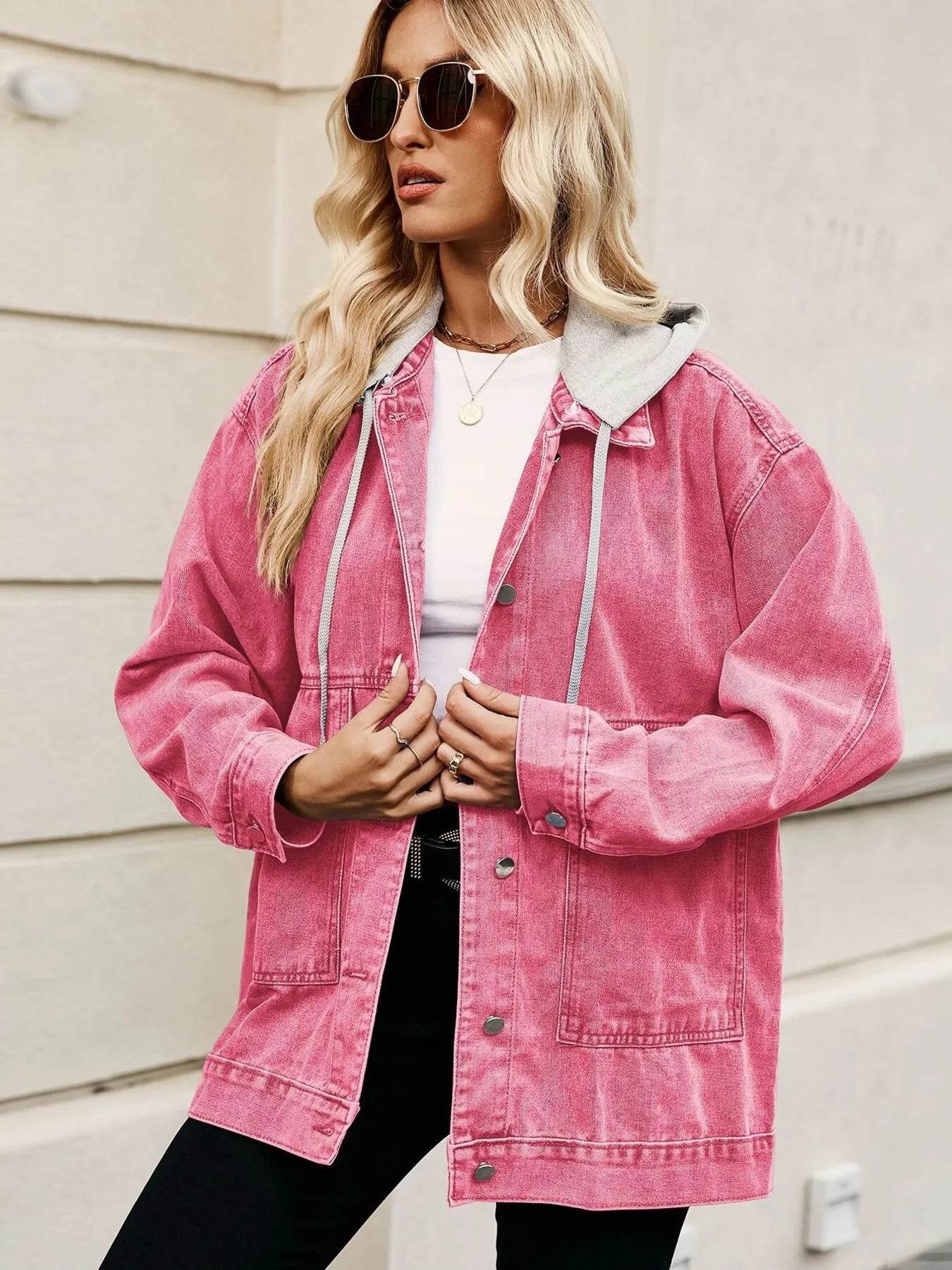Oversized Button Up Denim Jacket with Hood | Jackets Jacket from PHUNKYN