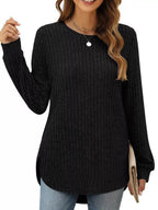Ribbed Texture Round Neck Long Sleeve Rounded Hem Knit Top | Sweaters Sweater from PHUNKYN