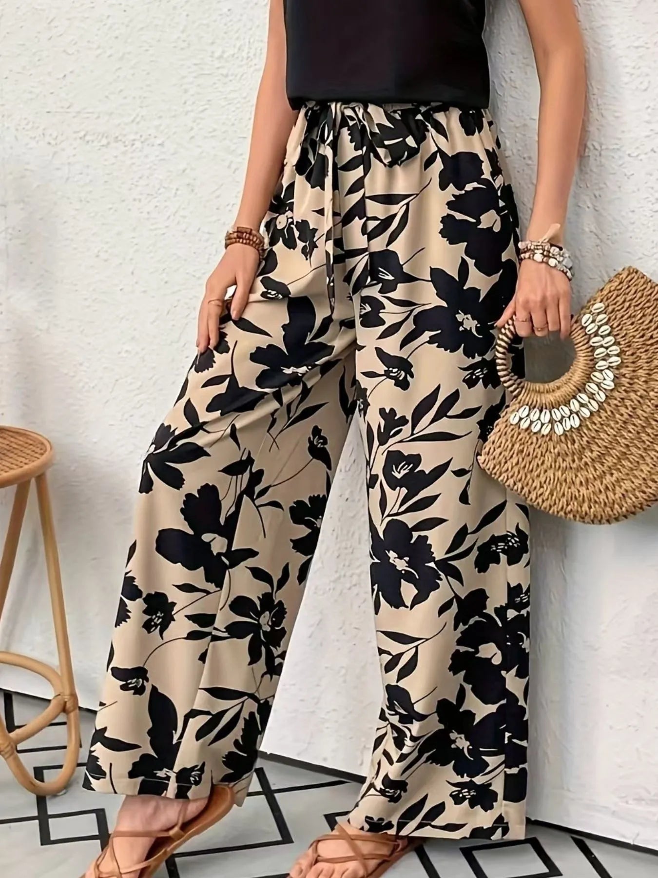 Printed Wide Leg Casual Pants | Trousers Wide Leg Pants from PHUNKYN