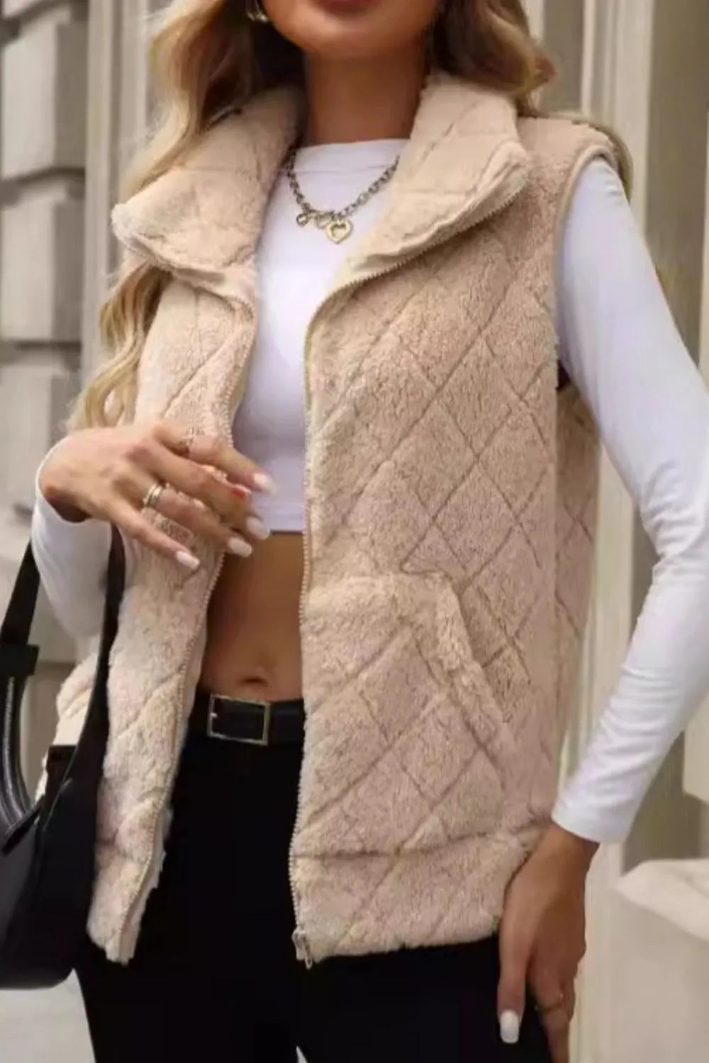 Fuzzy Plaid Texture Zip Up Vest Coat | Vest from PHUNKYN