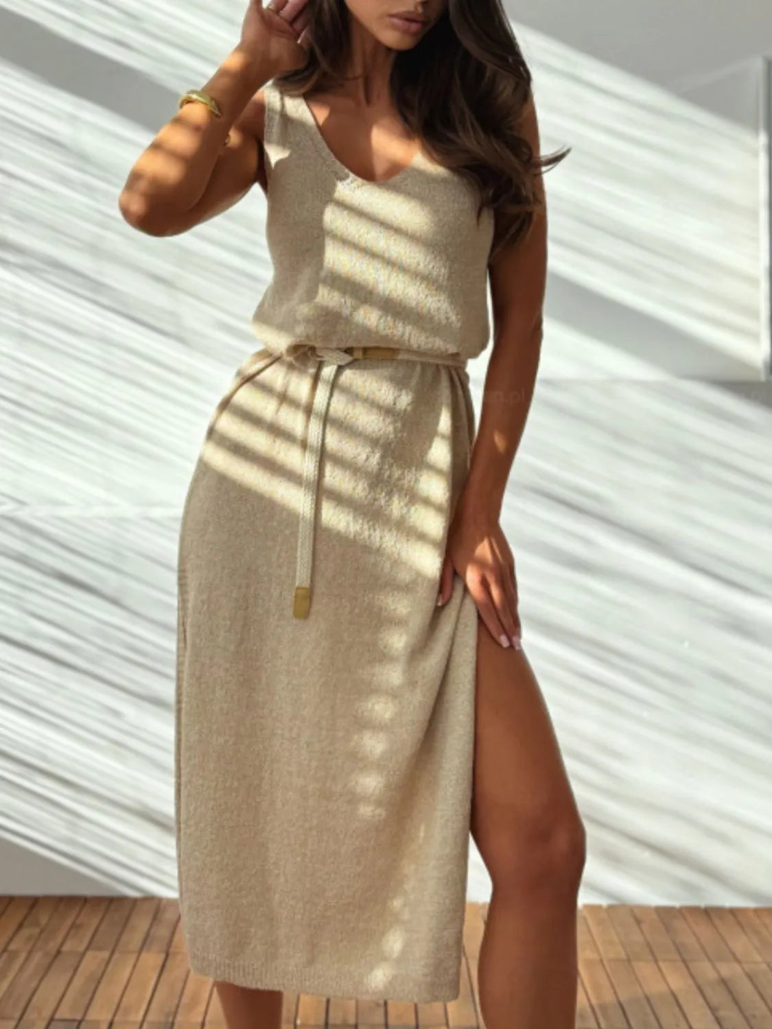 Slit V-Neck Sleeveless Sweater Dress | Dresses Sweater Dress from PHUNKYN