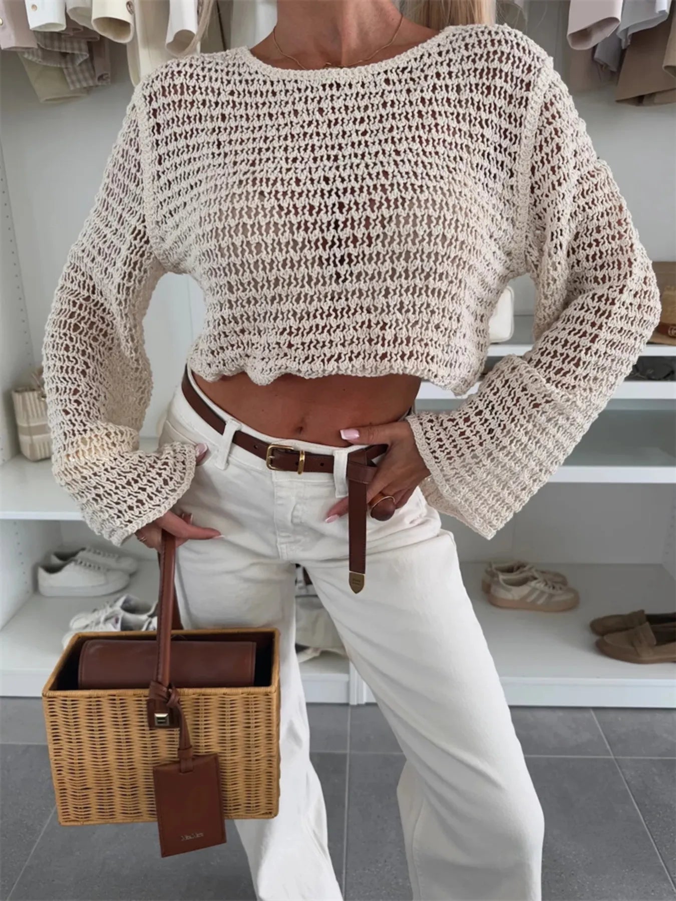 Openwork Round Neck Knit Cover Top | Sweaters Sweater from PHUNKYN