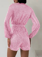 Full Size Sequin Surplice Tie Waist Long Sleeve Romper | Dresses Romper from PHUNKYN