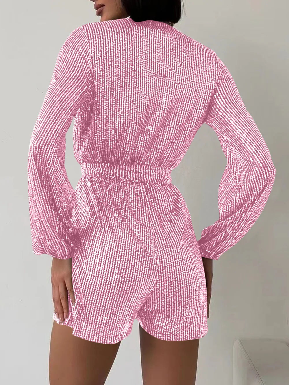 Full Size Sequin Surplice Tie Waist Long Sleeve Romper | Dresses Romper from PHUNKYN