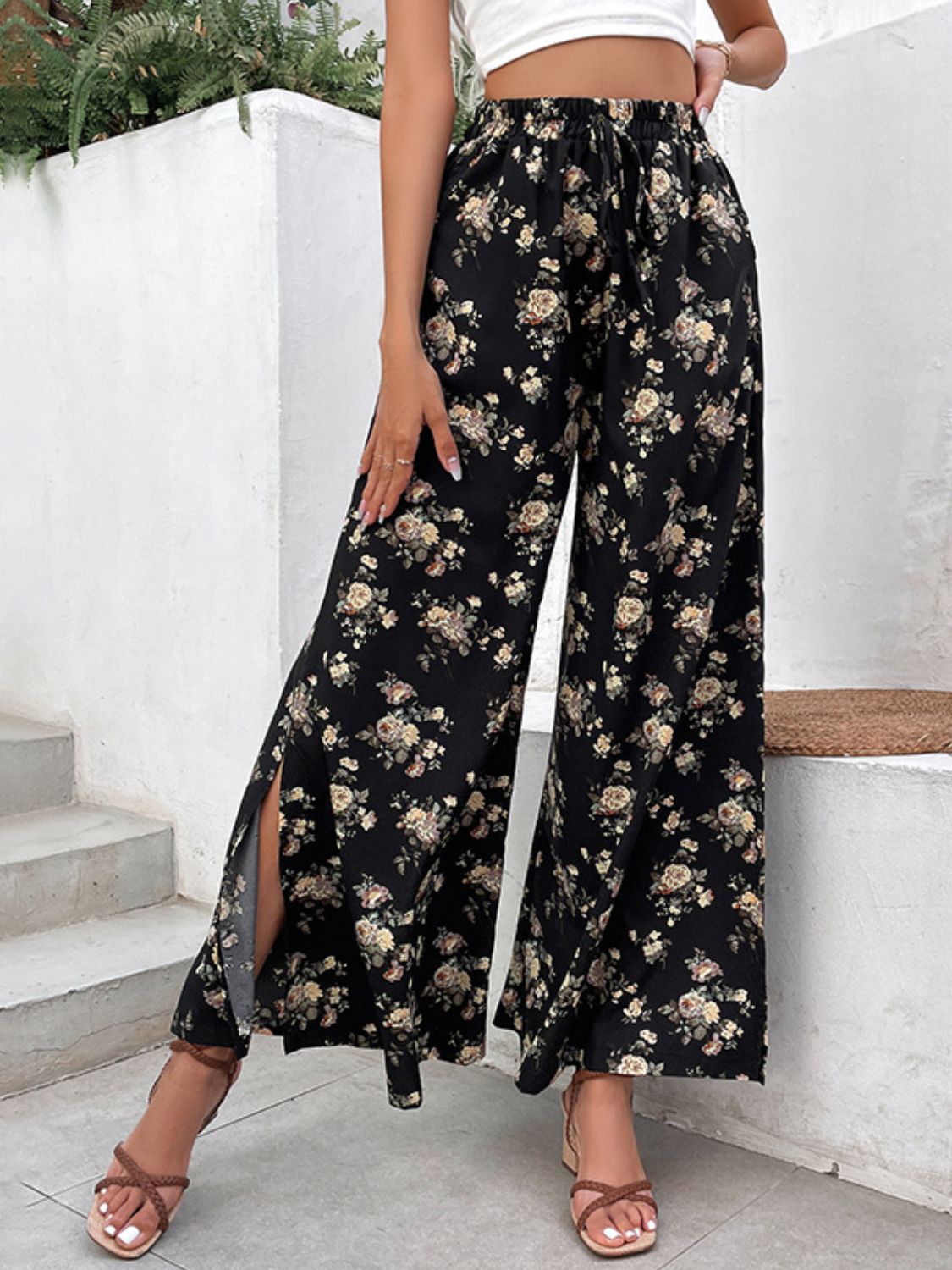 Floral Side Slit Wide Leg Pants | Pants Side Slit Pants from PHUNKYN