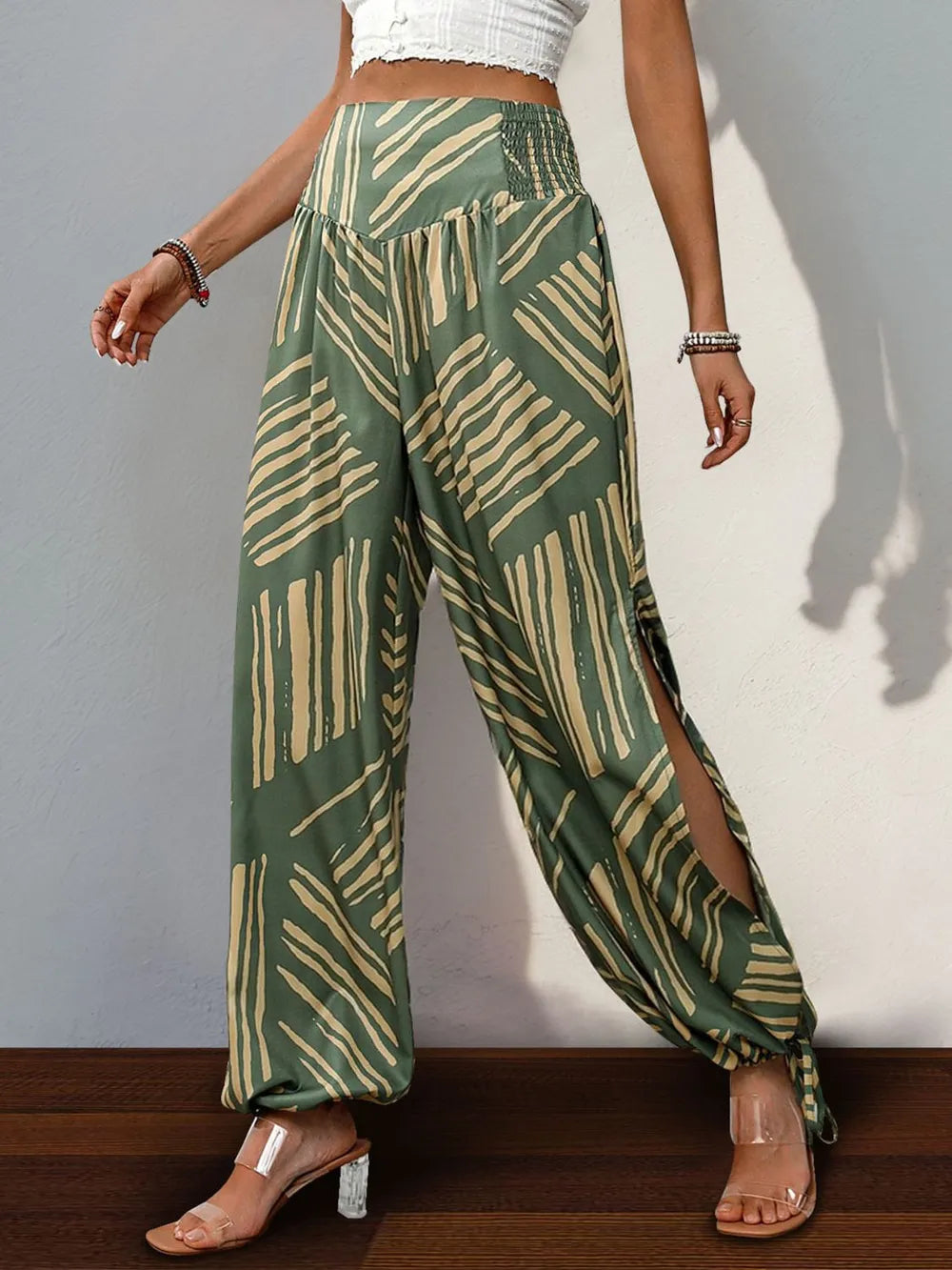 Perfee Smocked Slit Printed High Waist Pants | Pants Side Slit Pants from PHUNKYN