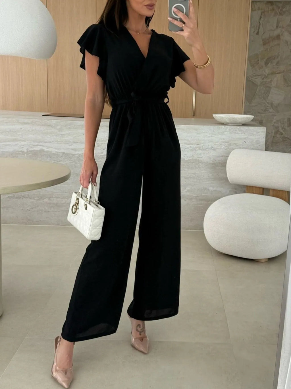 Surplice Wide Leg Belted Jumpsuit One-Pieces Jumpsuit PHUNKYN