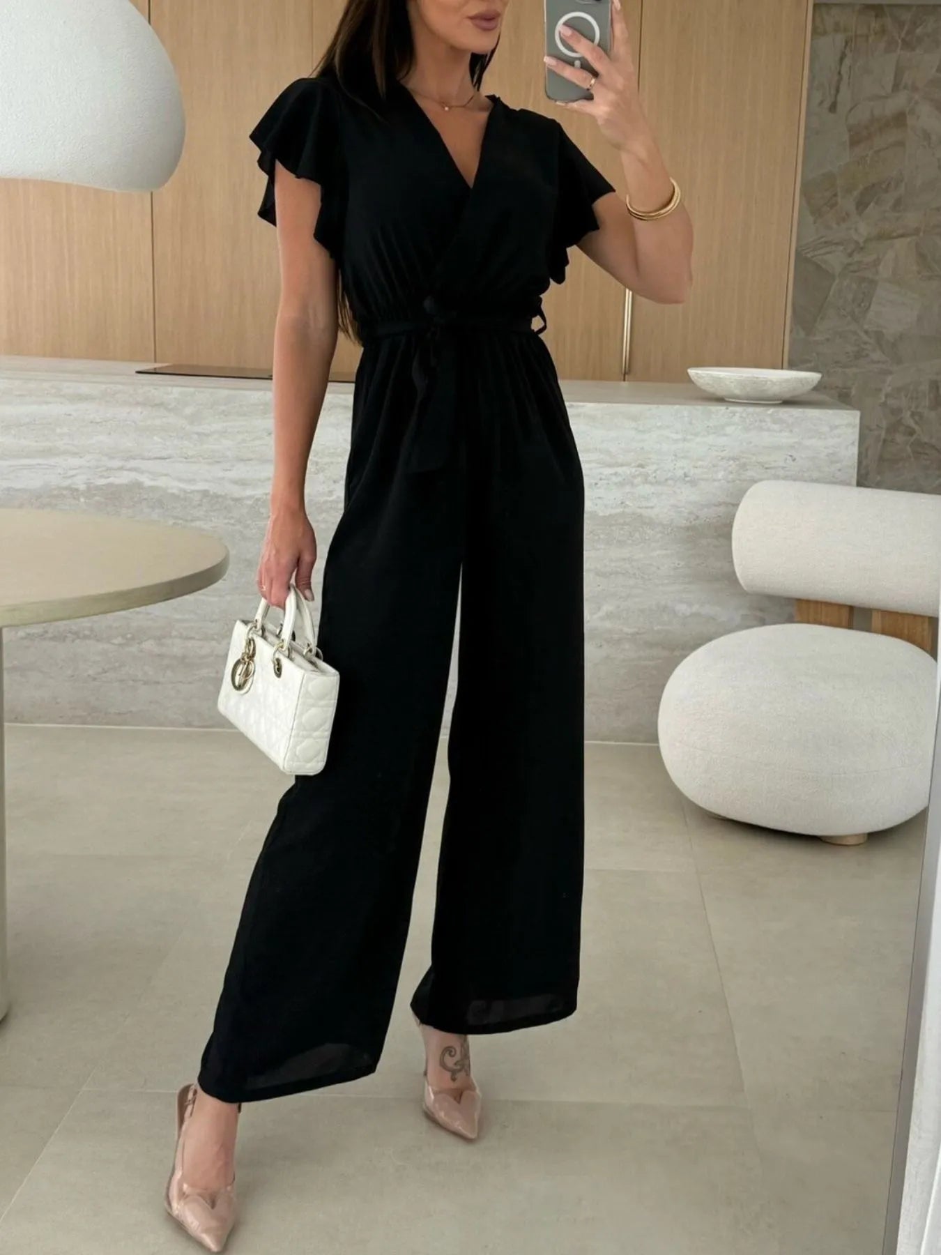 Surplice Wide Leg Belted Jumpsuit One-Pieces Jumpsuit PHUNKYN