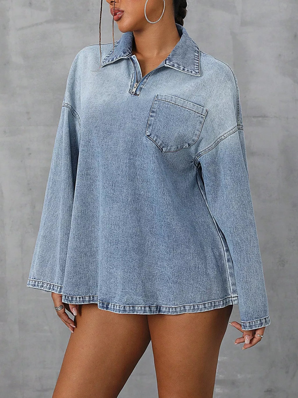 Collared Neck Drop Shoulder Denim Top | Overshirts Denim Top from PHUNKYN