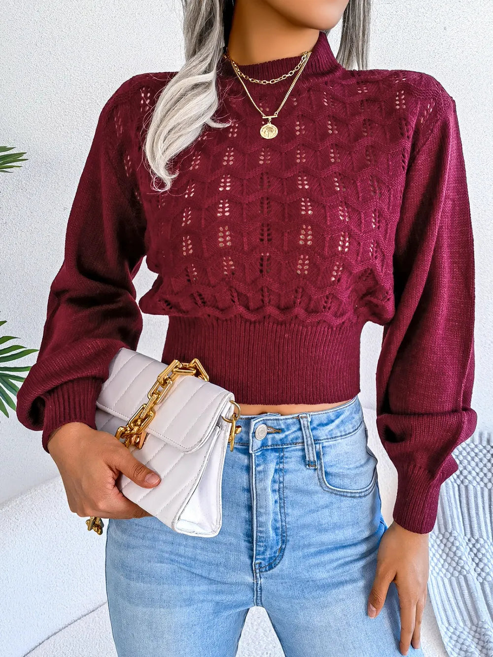 Openwork Mock Neck Long Sleeve Cropped Sweater | Sweaters Sweater from PHUNKYN