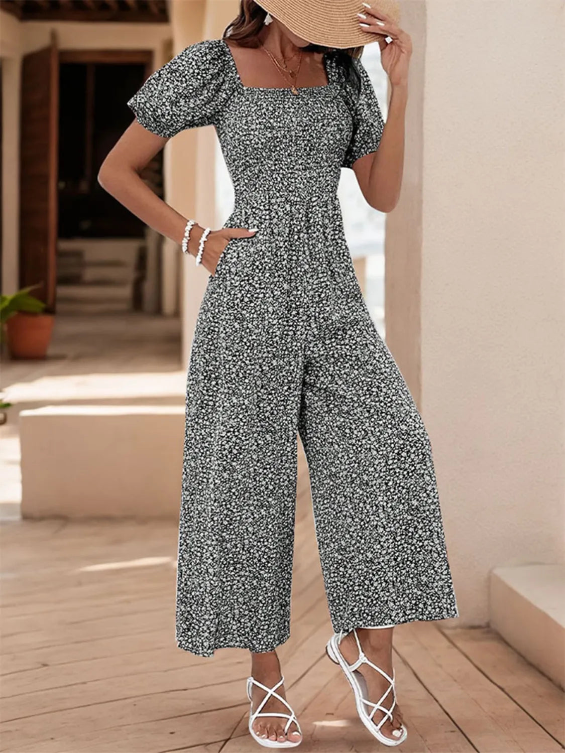Printed Square Neck Puff Sleeve Jumpsuit | One-Pieces Jumpsuit from PHUNKYN