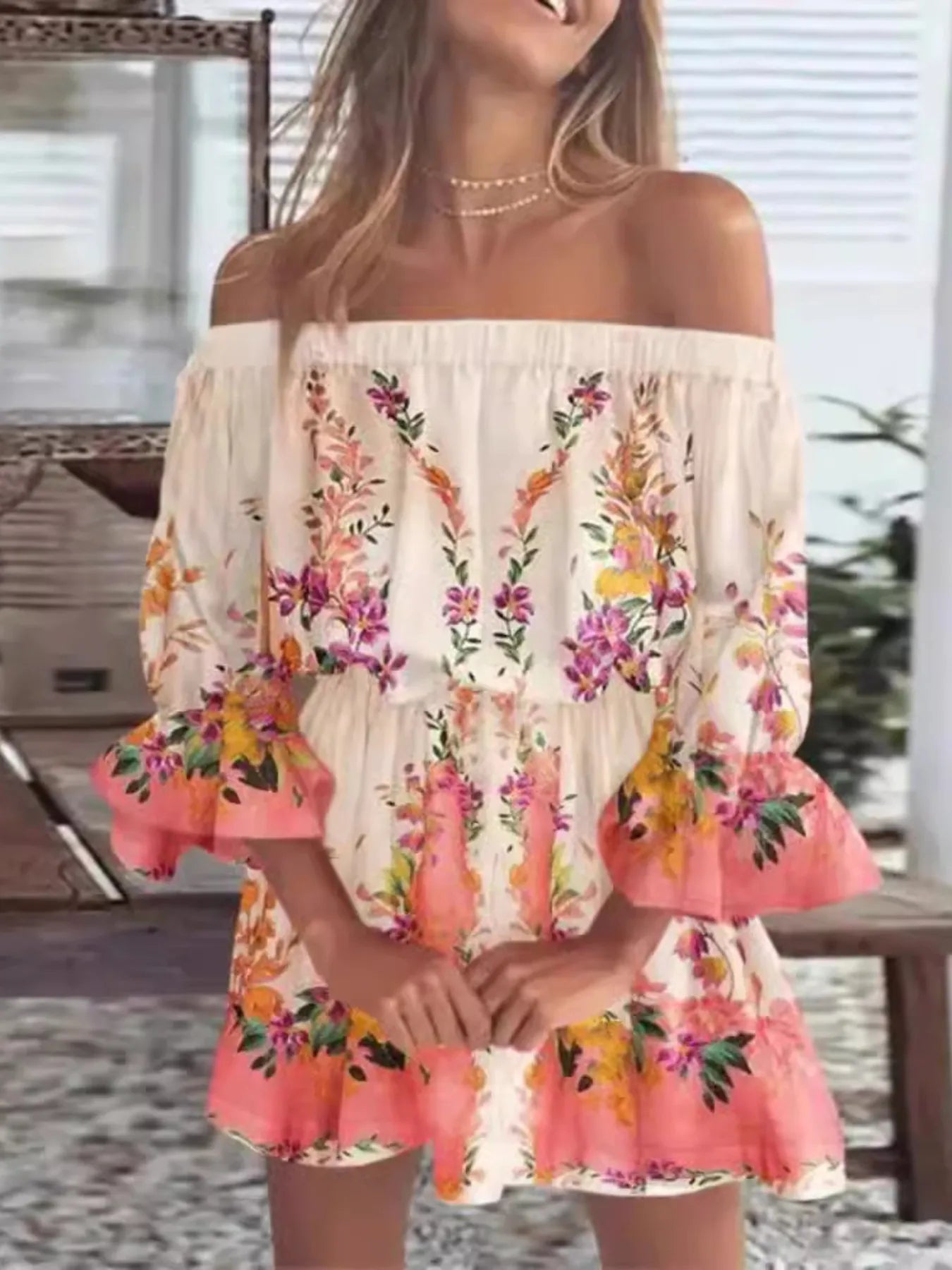 Floral Off-Shoulder Flounce Sleeve Mini Dress | Dresses Mini Dress from PHUNKYN
