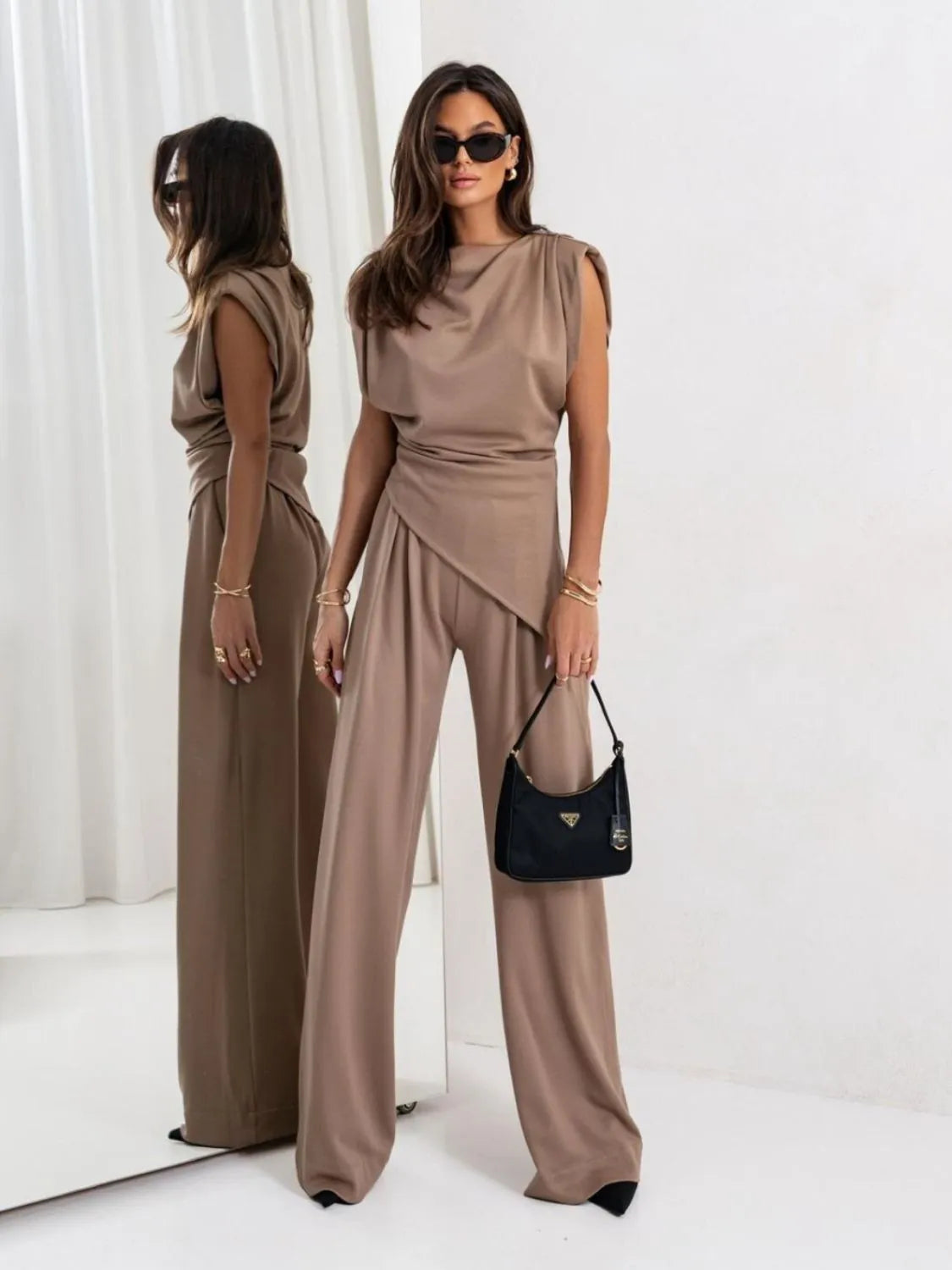 Slit Ruched Top and Wide Leg Pants Set | Outfit Sets Top and Pants from PHUNKYN