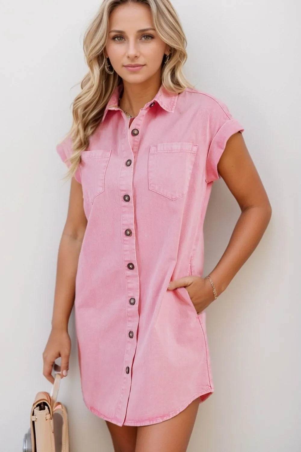 Button Down Short Sleeve Denim Dress | Dresses Denim Dress from PHUNKYN