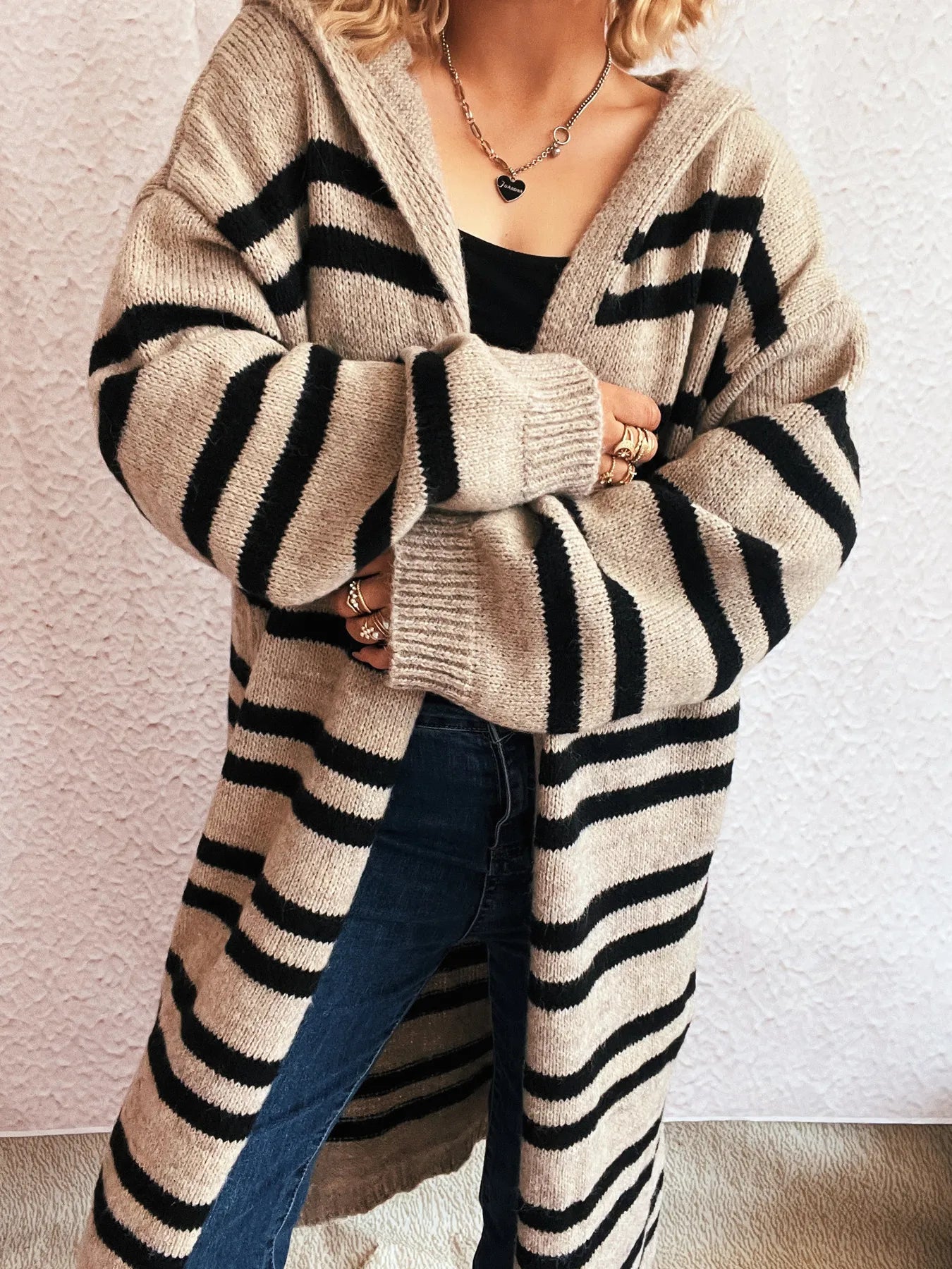 Striped Open Front Hooded Cardigan | Cardigans Cardigan from PHUNKYN