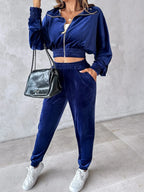 Zip Up Long Sleeve Cropped Top and Joggers Set | Outfit Sets Top and Pants Set from PHUNKYN