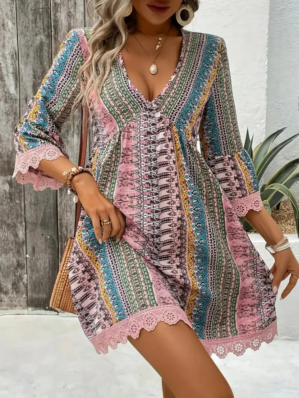 Lace Trim Printed V-Neck 3/4 Sleeve Dress | Dresses Dress from PHUNKYN