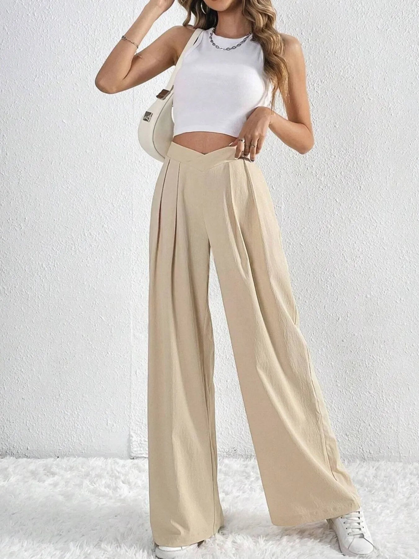 V-Waisted Ruched Front Wide Leg Pants | Trousers Wide Leg Pants from PHUNKYN