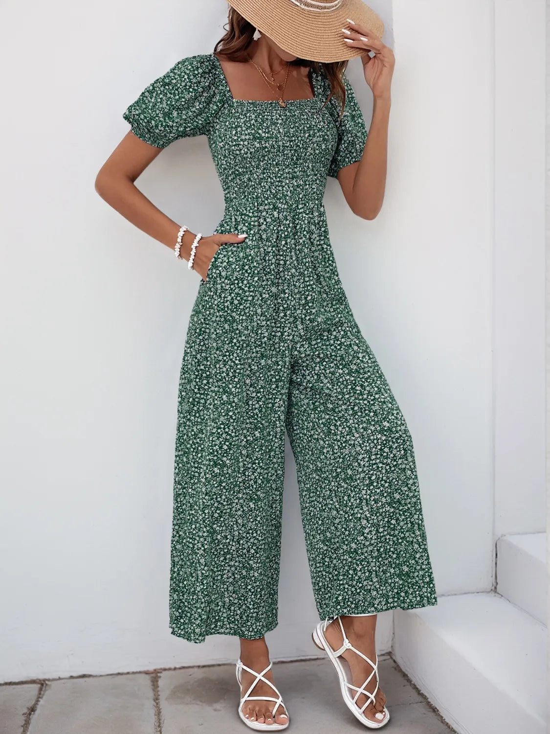 Printed Square Neck Puff Sleeve Jumpsuit | One-Pieces Jumpsuit from PHUNKYN