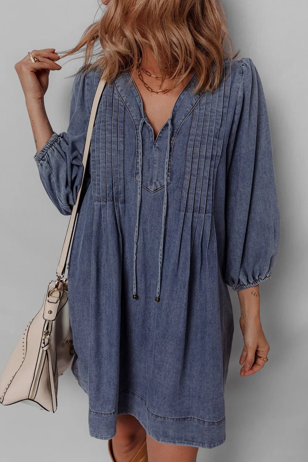 Tie Neck Long Sleeve Mini Denim Dress | Dresses Denim Dress from PHUNKYN
