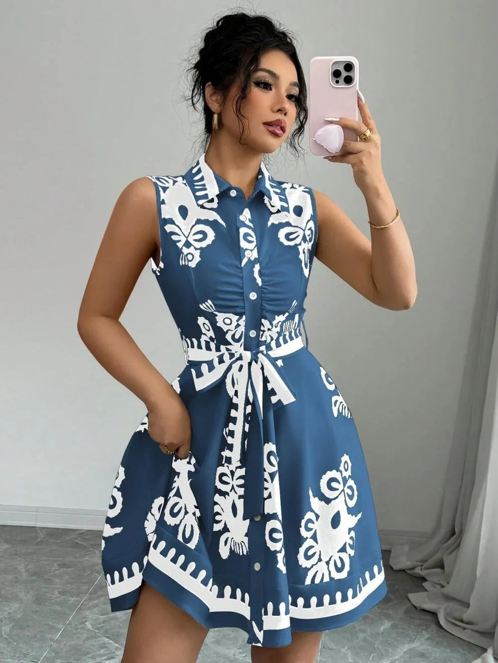 Printed Sleeveless Button Front Dress | Dresses Dress from PHUNKYN