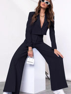 Lapel Collar Cropped Top and Wide Leg Pants Set | Outfit Sets Top and Pants Set from PHUNKYN