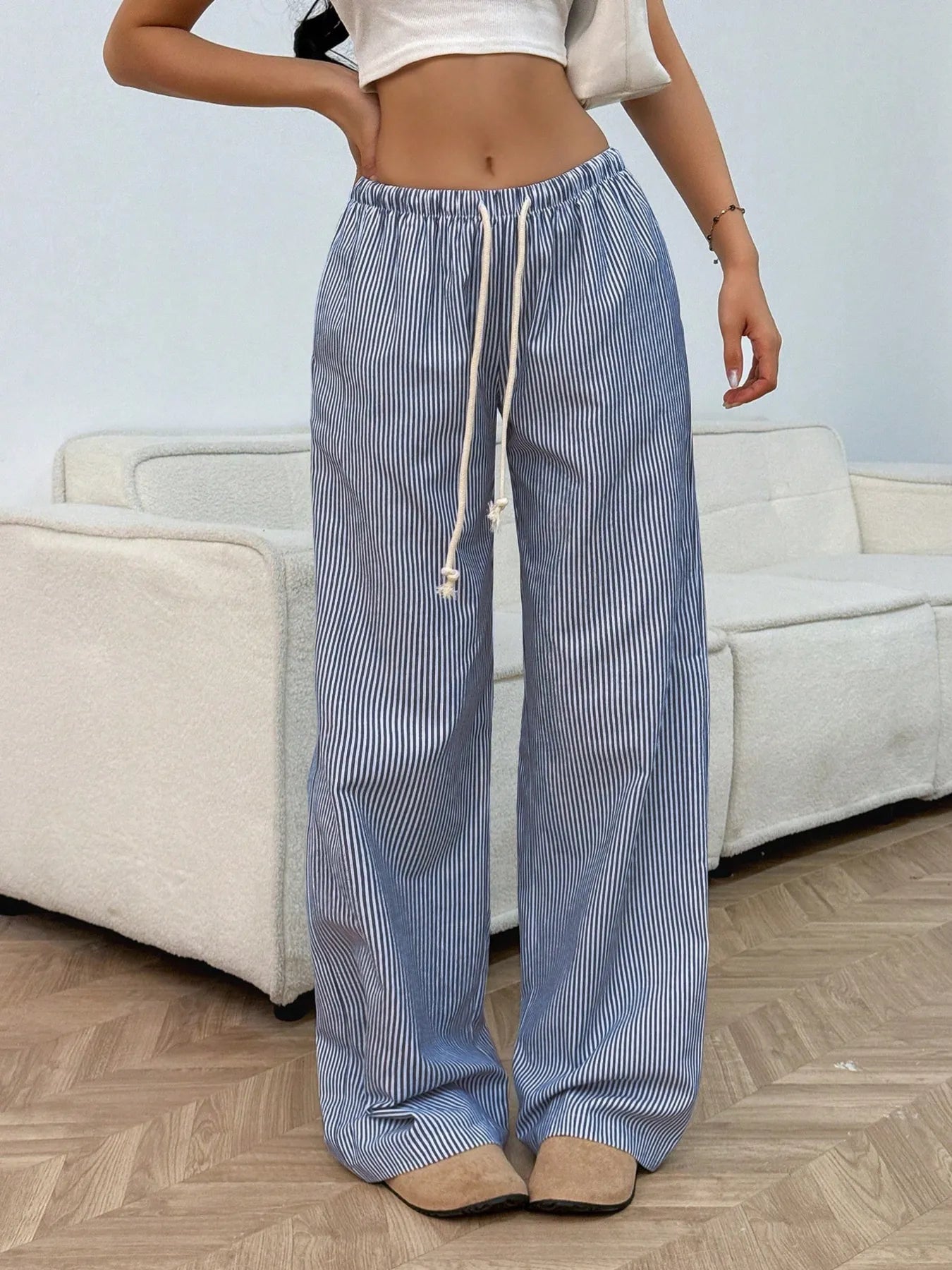 Drawstring Striped Wide Leg Pants | Trousers Wide Leg Pants from PHUNKYN