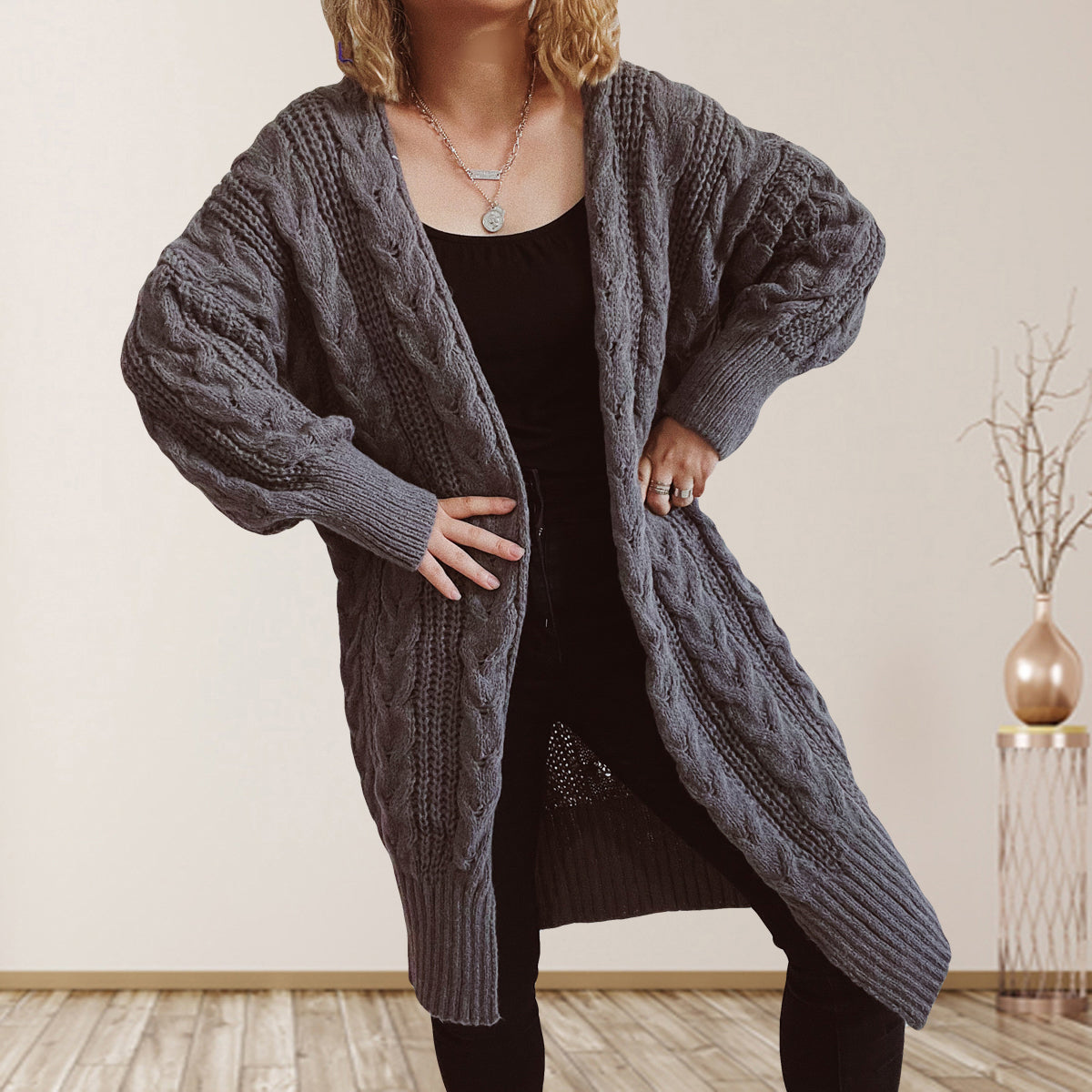 Cable-Knit Open Front Dropped Shoulder Cardigan | Cardigans Cardigan from PHUNKYN
