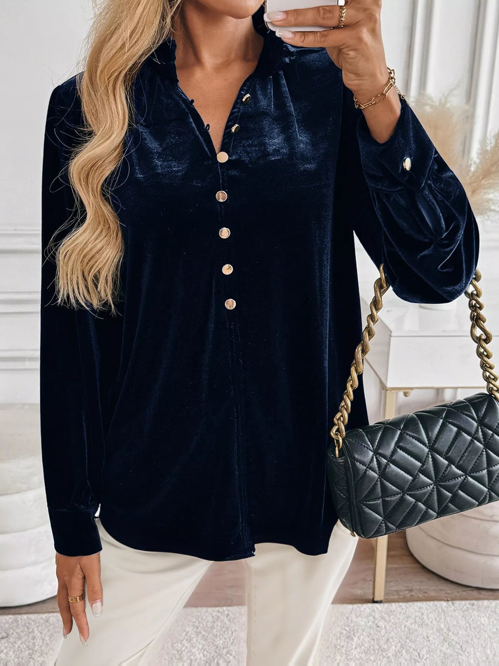Velvet Button Front Long Sleeve Blouse | Blouses Blouse from PHUNKYN