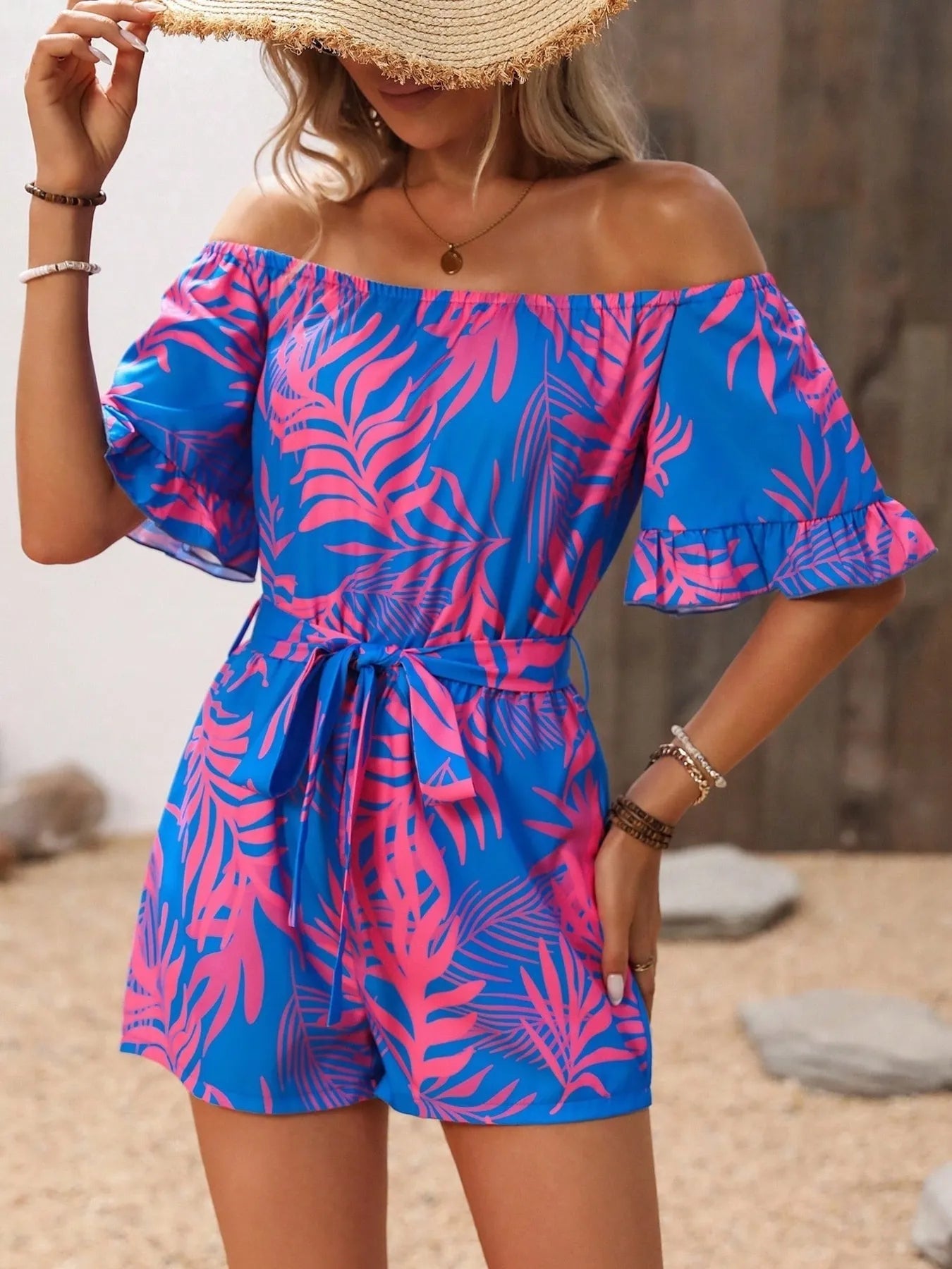 Tropical Print Off-Shoulder Romper | One-Pieces Romper from PHUNKYN