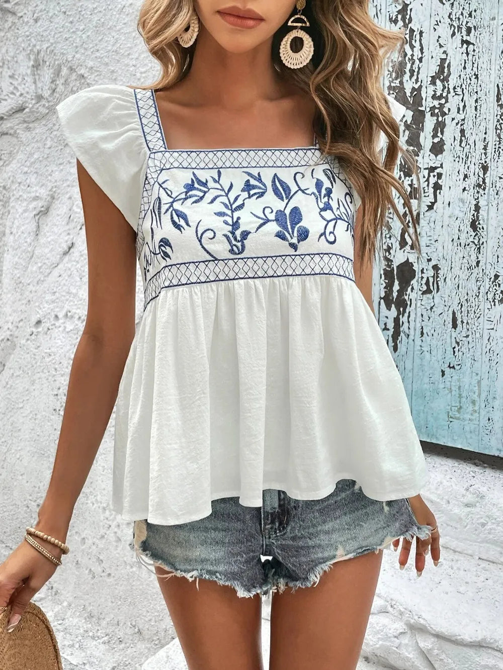 Embroidered Square Neck Cap Sleeve Blouse | Blouses Women's Top from PHUNKYN