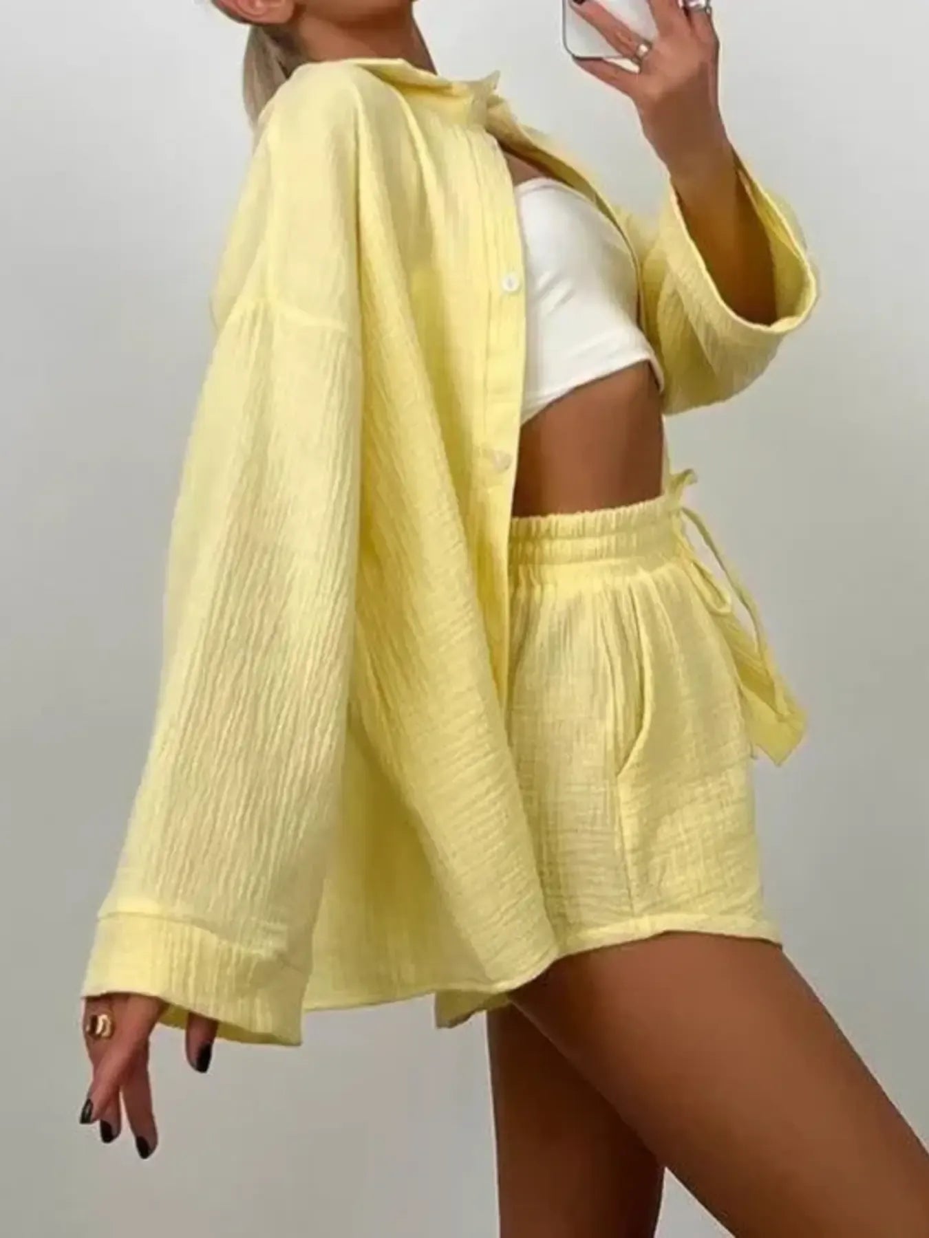 Texture Button Up Shirt and Shorts Set | Outfit Sets Top and Shorts Set from PHUNKYN