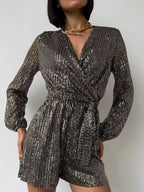 Full Size Sequin Surplice Tie Waist Long Sleeve Romper | Dresses Romper from PHUNKYN