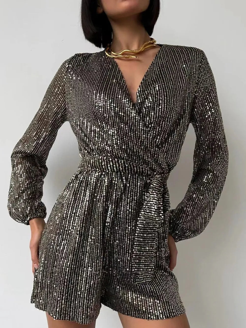 Full Size Sequin Surplice Tie Waist Long Sleeve Romper | Dresses Romper from PHUNKYN