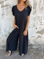 Full Size V-Neck Cap Sleeve Wide Leg Jumpsuit Plus Size | One-Pieces Jumpsuit from PHUNKYN