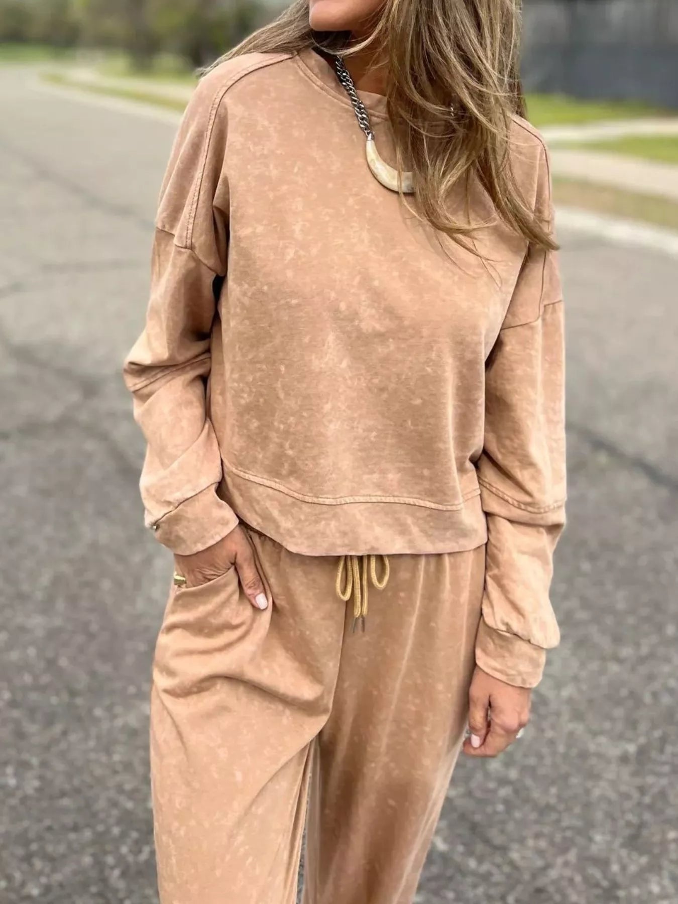 Washed Round Neck Top and Drawstring Pants Set | Top and Pants Set from PHUNKYN