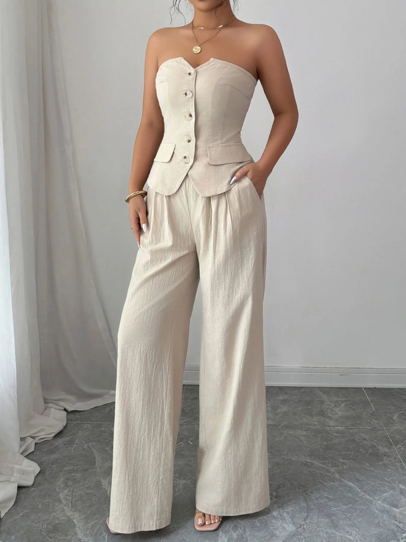 Button Down Tube Top and Pants Set | Outfit Sets Top and Pants Set from PHUNKYN