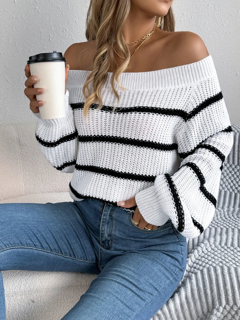 Striped Off-Shoulder Long Sleeve Sweater | Sweaters Sweater from PHUNKYN
