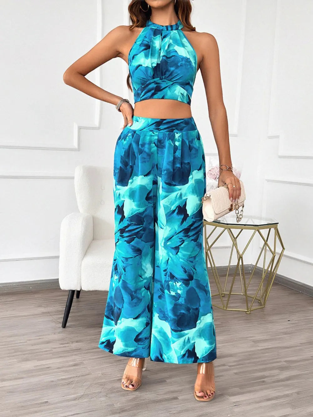 Devine Printed Halter Neck Top and Pants Set | Outfit Sets Top and Pants Set from PHUNKYN