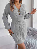 Buttoned Cable-Knit V-Neck Sweater Dress | Dresses Sweater Dress from PHUNKYN