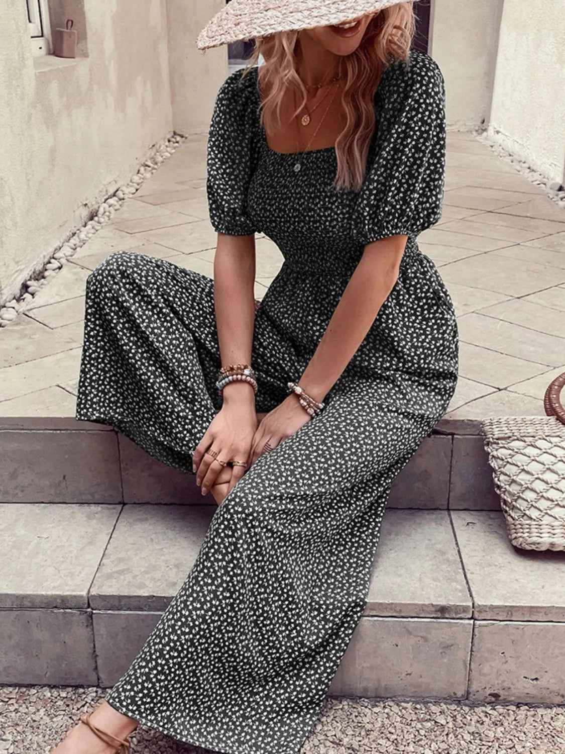 Printed Square Neck Puff Sleeve Jumpsuit | One-Pieces Jumpsuit from PHUNKYN