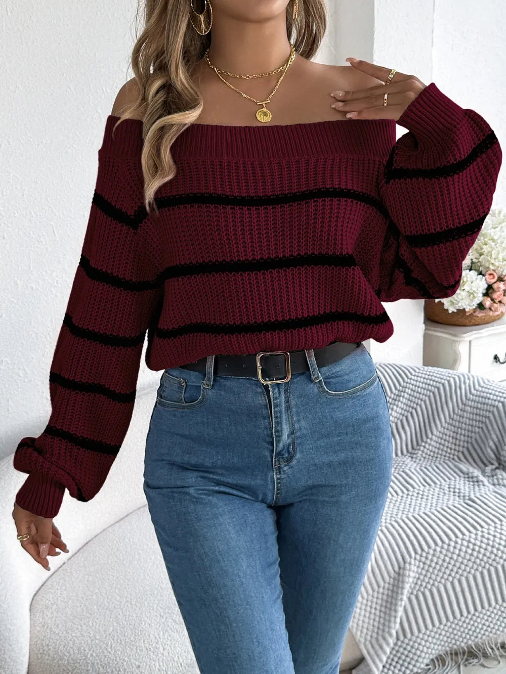 Striped Off-Shoulder Long Sleeve Sweater | Sweaters Sweater from PHUNKYN