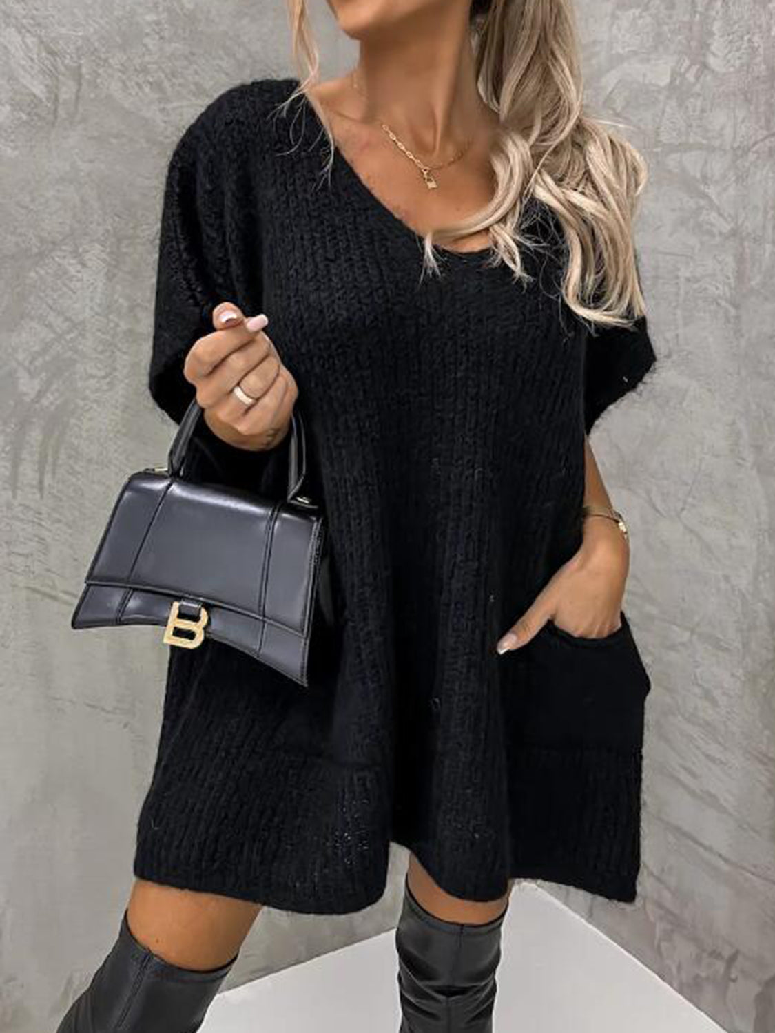 Short Sleeve Sweater Dress with Pockets | Dresses Sweater Dress from PHUNKYN