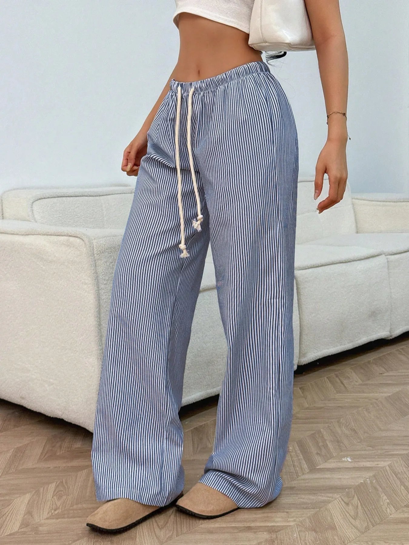 Drawstring Striped Wide Leg Pants | Trousers Wide Leg Pants from PHUNKYN