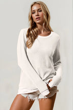 Corded Rib Thumbhole Cuff Round Neck Sweater | Sweaters Sweater from PHUNKYN