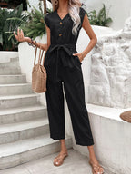 Button-Front Tie Waist Jumpsuit One-Pieces Jumpsuit PHUNKYN