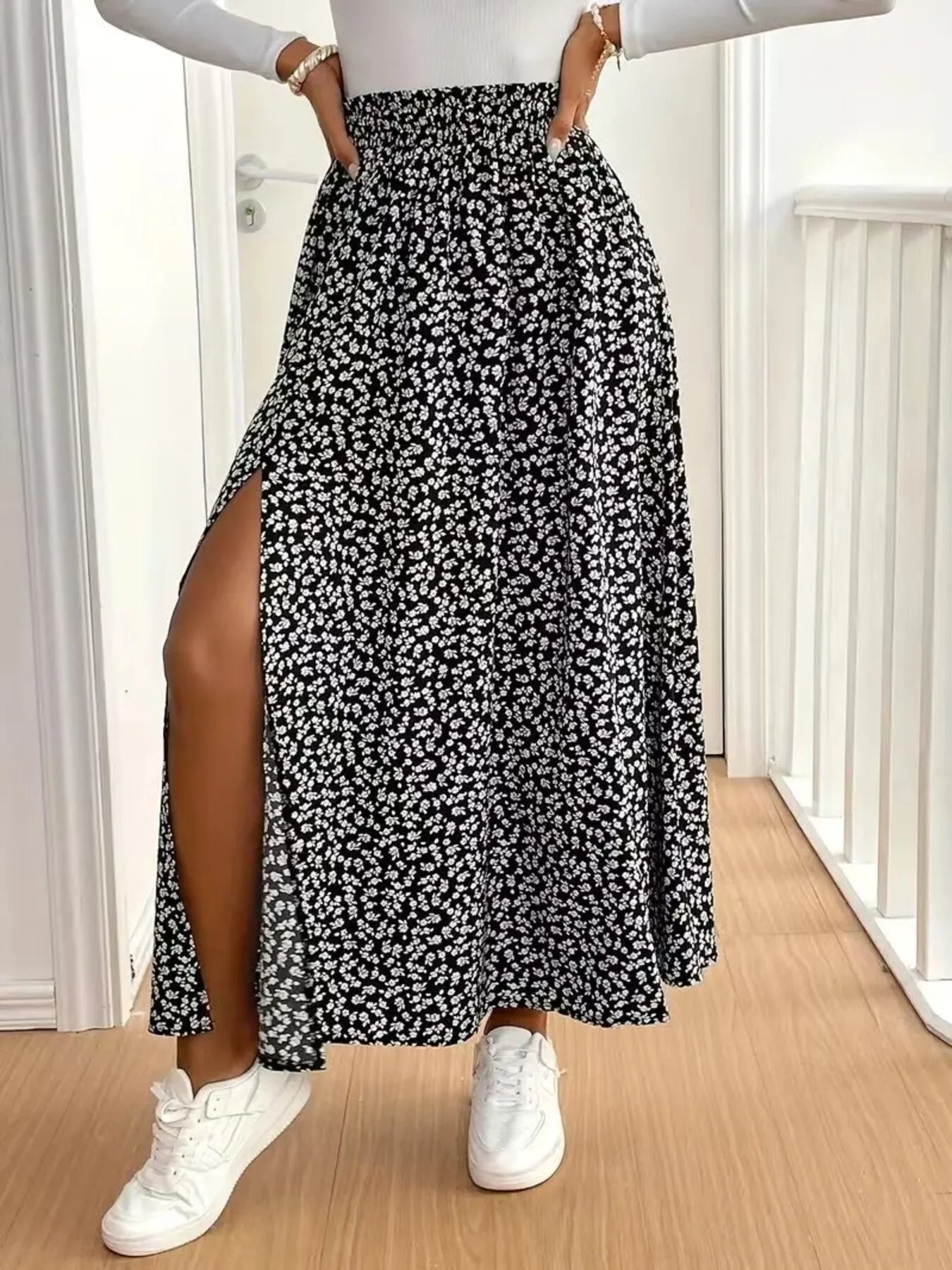 Floral Split Elastic Waist Maxi Skirt | Skirts Maxi Skirt from PHUNKYN