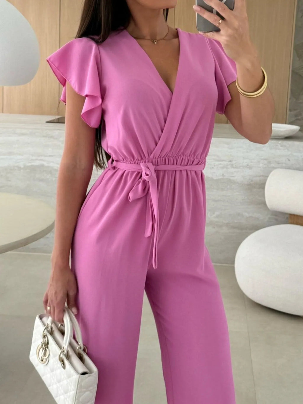Surplice Wide Leg Belted Jumpsuit One-Pieces Jumpsuit PHUNKYN