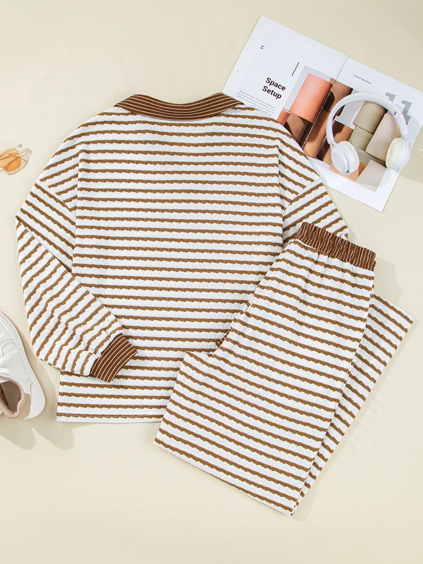 Stripe Collared Top and Drawstring Pant Set | Outfit Sets Top and Pants Set from PHUNKYN