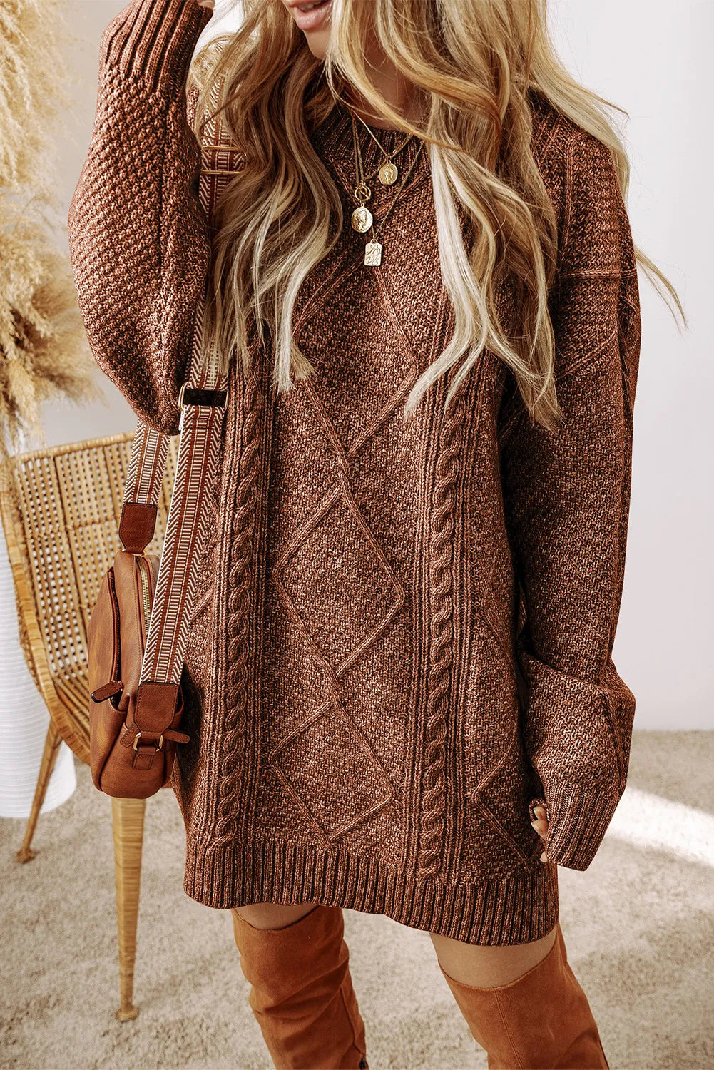 Cable-Knit Round Neck Sweater Dress | Dresses Sweater Dress from PHUNKYN